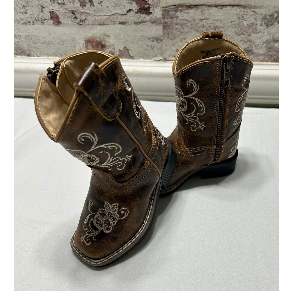 Girls Brown Leather Floral Embroidered Western Cowboy Boots BSGSP24P7 Size 5.0 D
